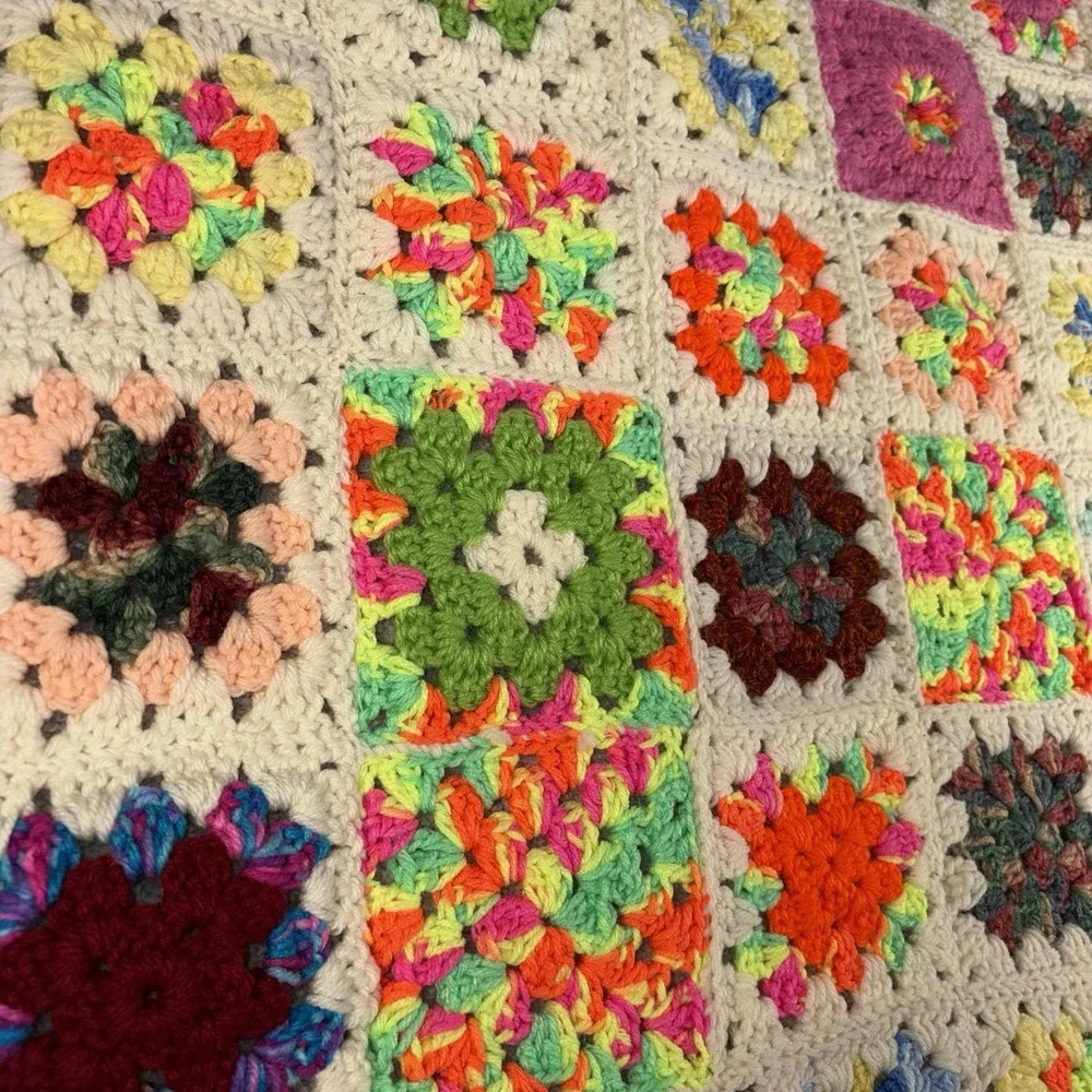 Vintage Granny Square Crochet Lap Blanket Afghan Throw GrandmaCore Chic Handmade